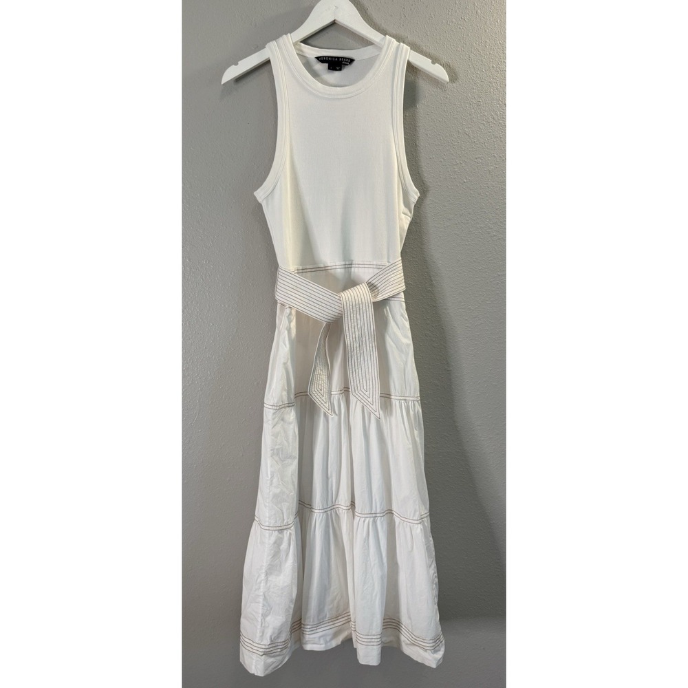 Veronica Beard Jeans White Mixed Media Tiered Midi Dress Belted Pima Cotton S